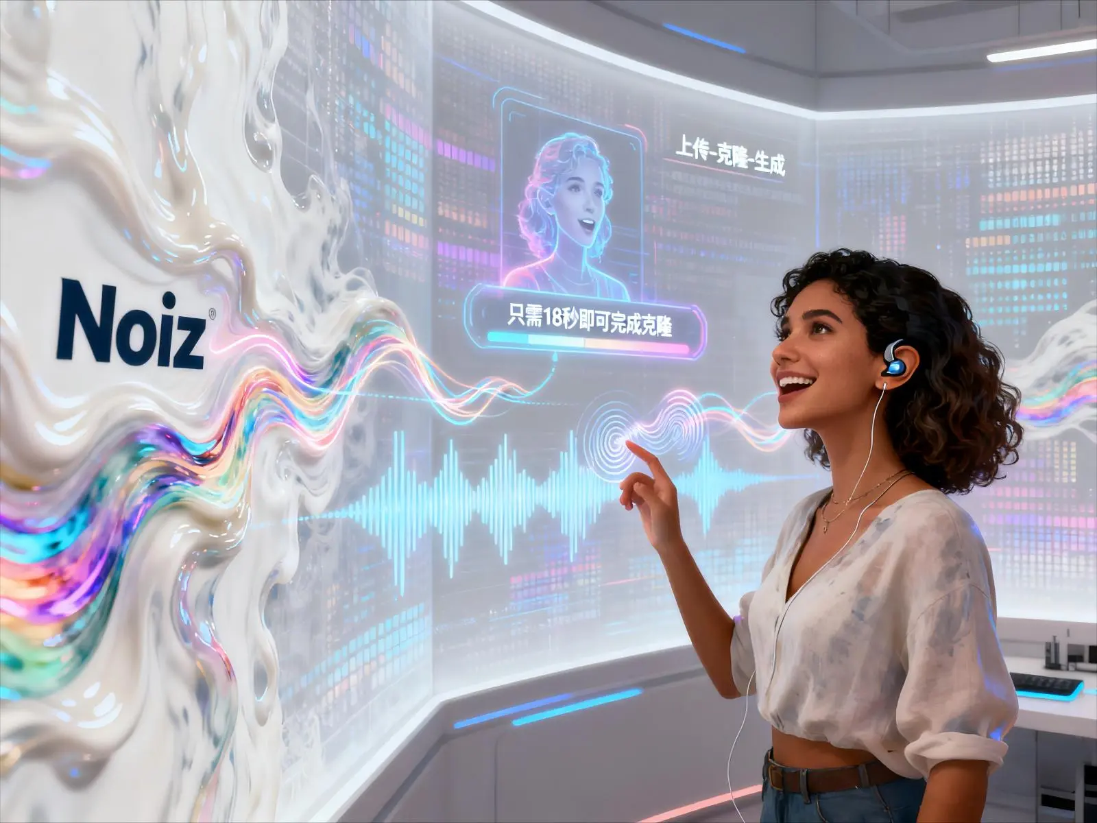 noiz AI声音克隆全流程演示图展示,18秒完成从上传到生成的高效配音体验。