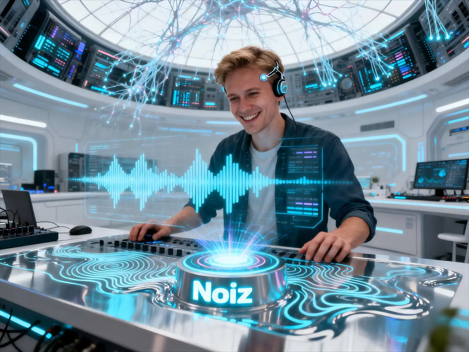 noiz用户操作克隆声音设备演示图,在科技穹顶中高效完成AI配音工作。